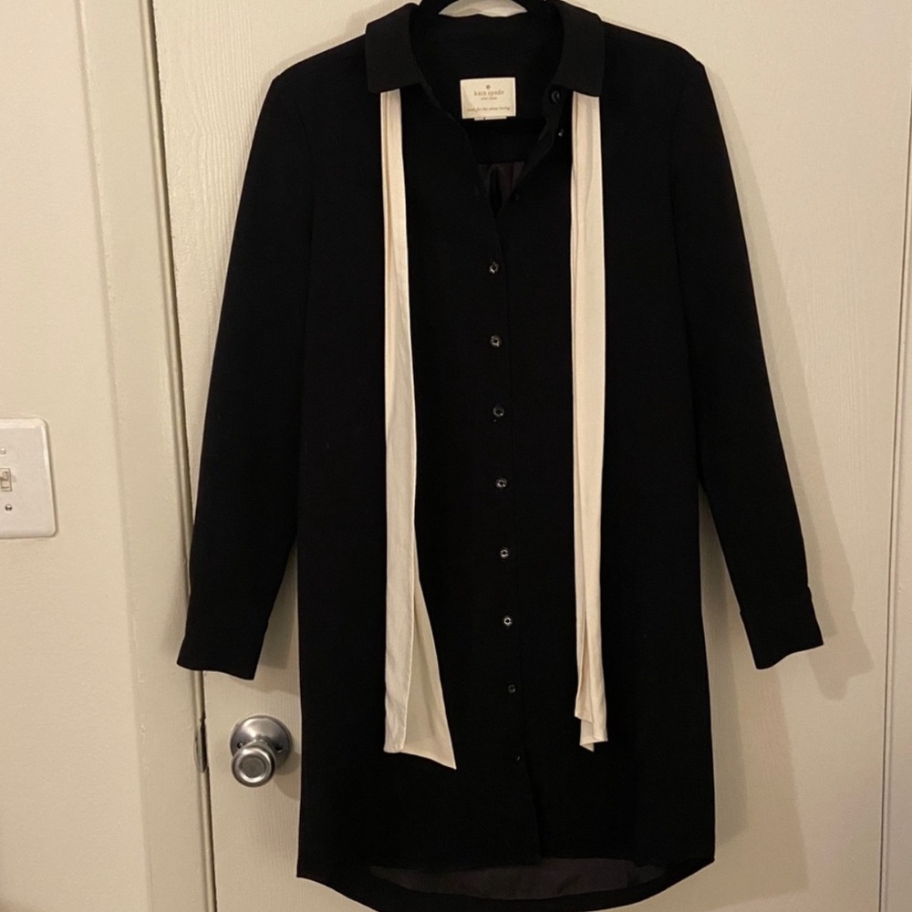 Kate Spade Black Knee Length Shirt Dress s Bow Tie Neck Workwear - Picture 3 of 7